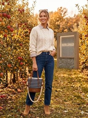Steve Madden Striped Bucket Crossbody Tote Rope Handle Brown
